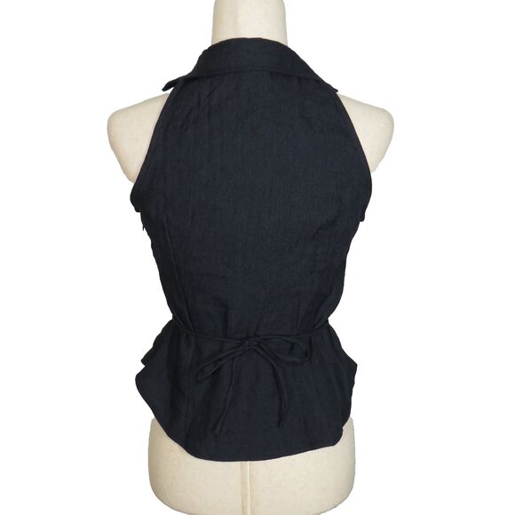 OGL Navy Linen Blend Collared V Neck Sleeveless Tie Waist Top Size Small - Picture 8 of 11